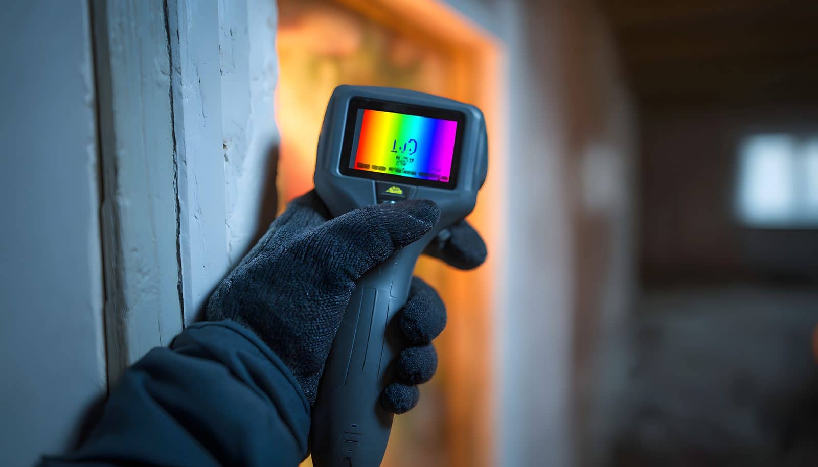 Infrarot-Thermometer misst Kälte an Fenster und Tür im Winter