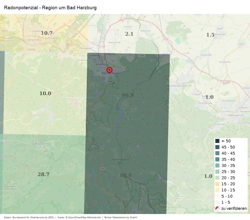 Karte des Radonpotenzials in der Region um Bad Harzburg nach Daten des Bundesamts für Strahlenschutz