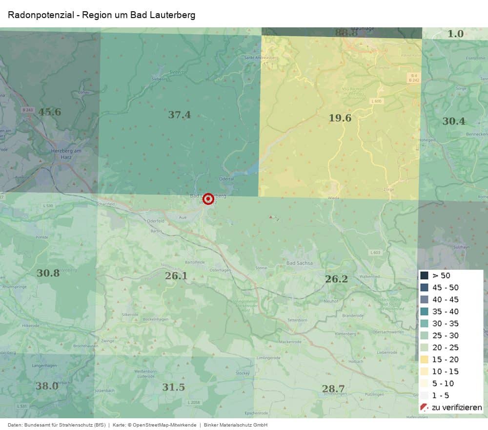 Karte des Radonpotenzials in der Region um Bad Lauterberg nach Daten des Bundesamts für Strahlenschutz