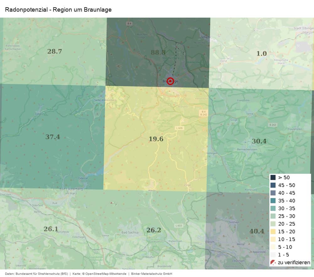 Karte des Radonpotenzials in der Region um Braunlage nach Daten des Bundesamts für Strahlenschutz