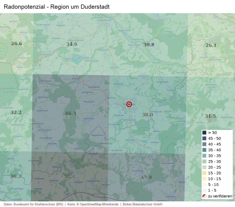 Karte des Radonpotenzials in der Region um Duderstadt nach Daten des Bundesamts für Strahlenschutz