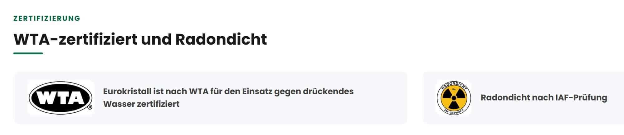 Eurokristall ist WTA-zertifiziert und radondicht geprüft