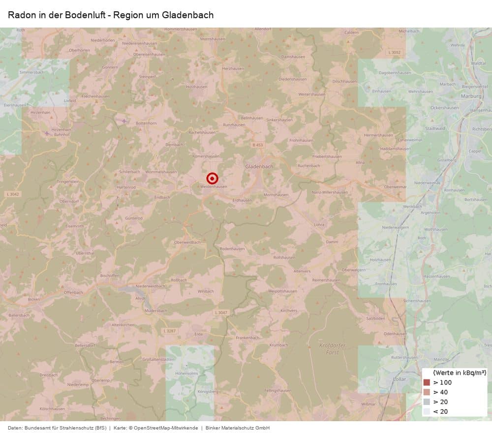 Radon in der Bodenluft in der Region um Gladenbach