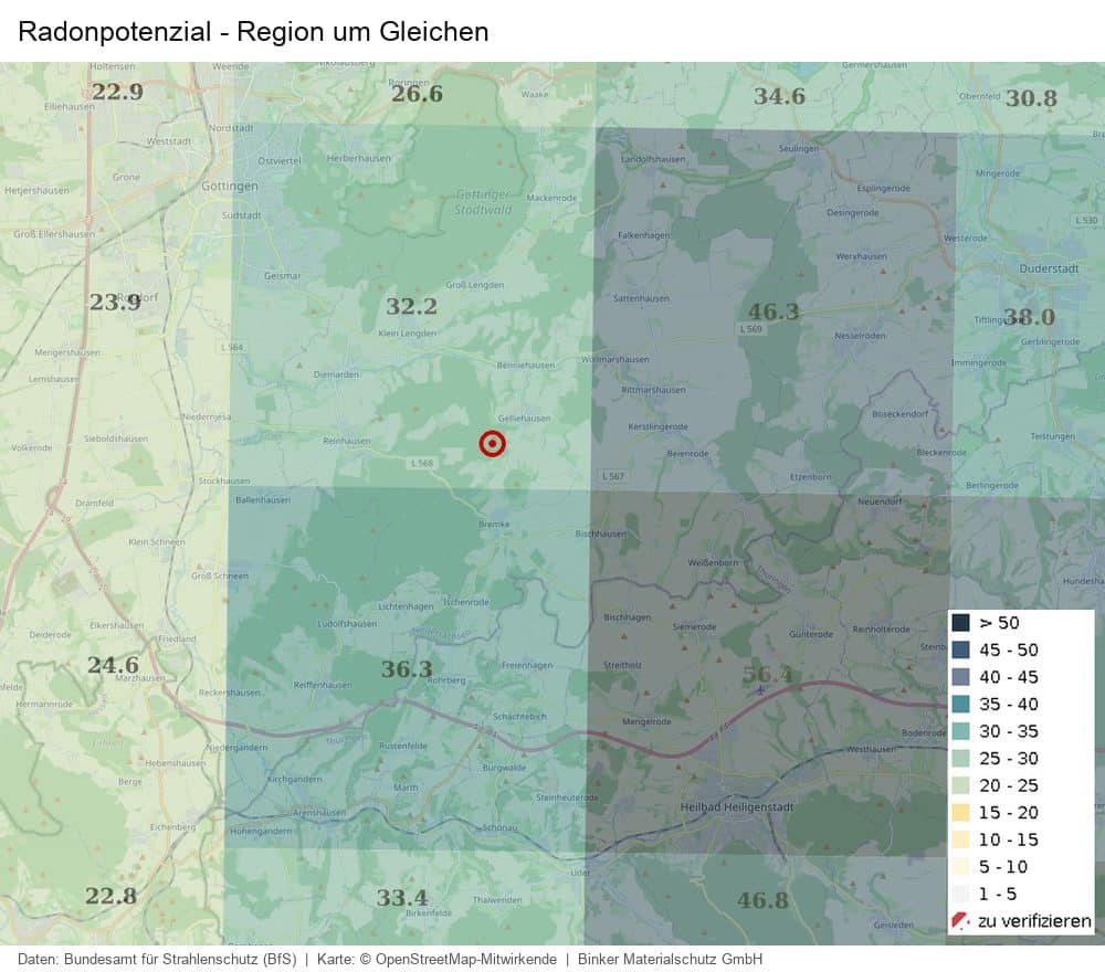 Karte des Radonpotenzials in der Region um Gleichen nach Daten des Bundesamts für Strahlenschutz