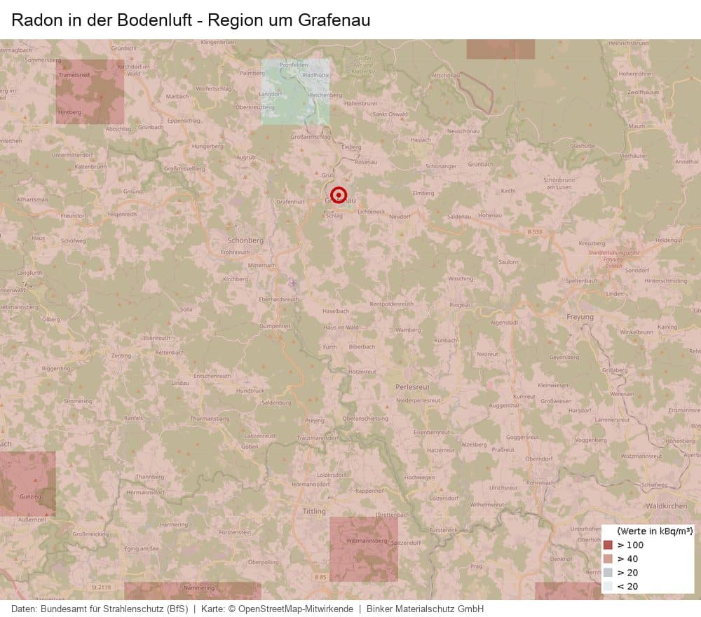 Karte des Radons in der Bodenluft in der Region um Grafenau
