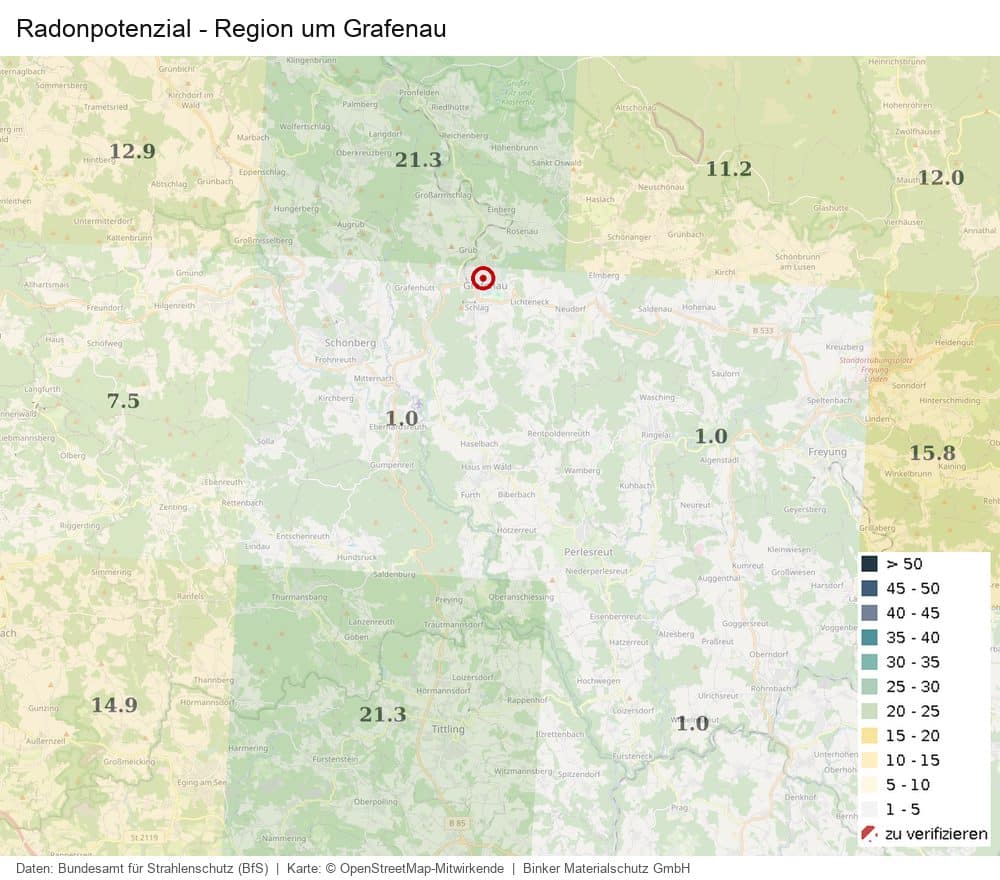 Karte des Radonpotenzials in der Region um Grafenau, am Objektstandort 1,0