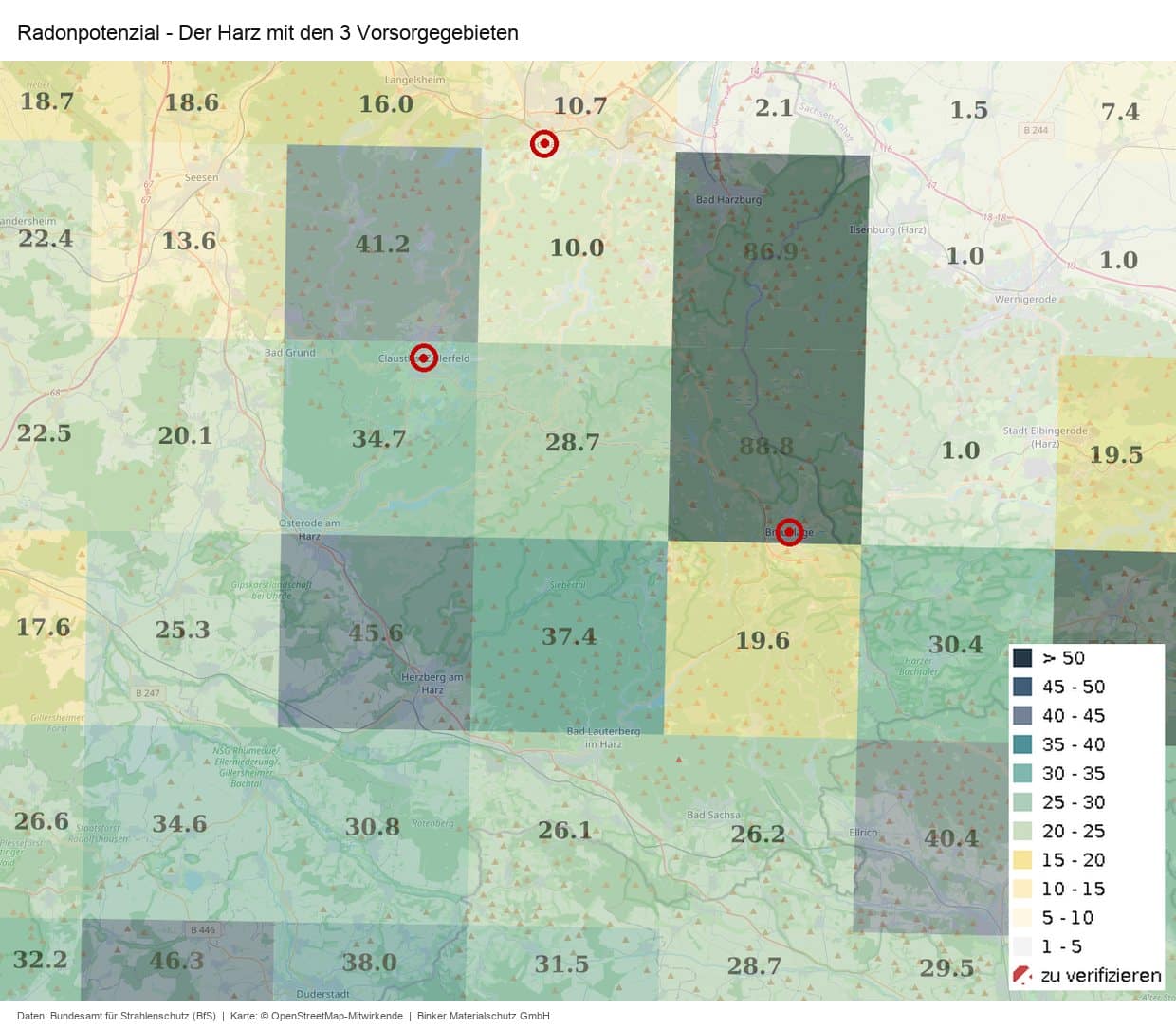 Karte des Radonpotenzials im Harz mit den 3 Radonvorsorgegebieten Goslar, Clausthal-Zellerfeld und Braunlage nach Daten des Bundesamts für Strahlenschutz