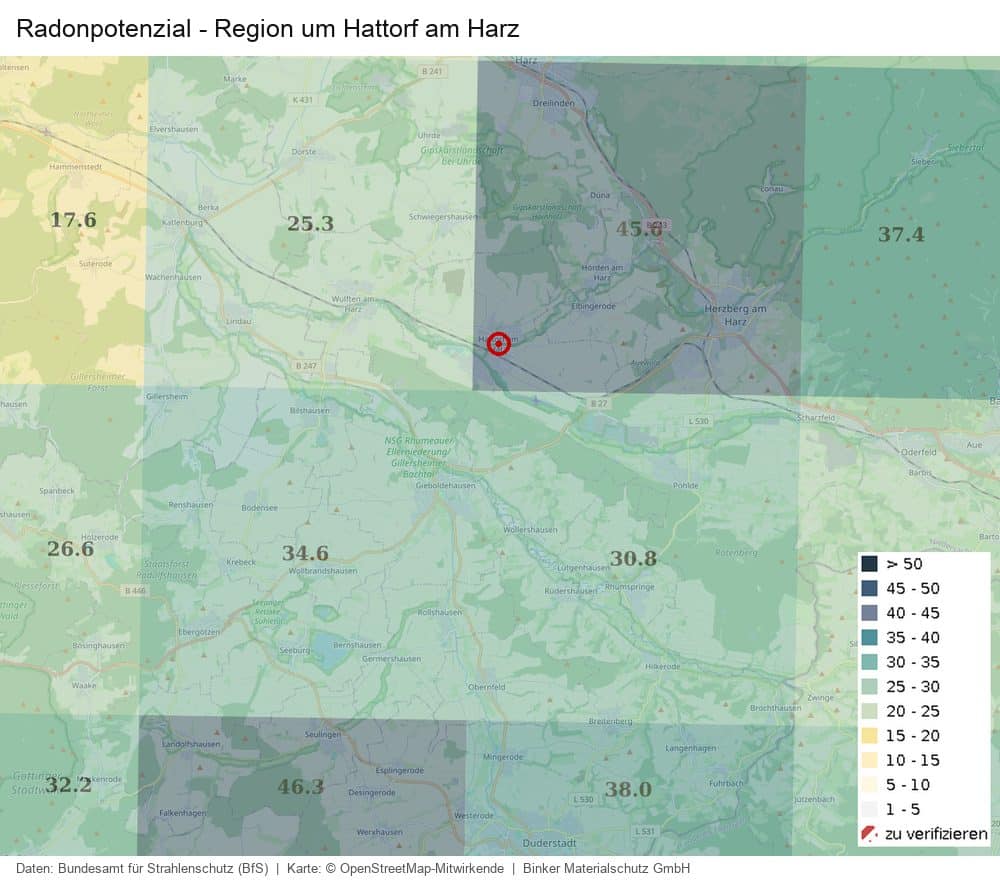 Karte des Radonpotenzials in der Region um Hattorf am Harz nach Daten des Bundesamts für Strahlenschutz