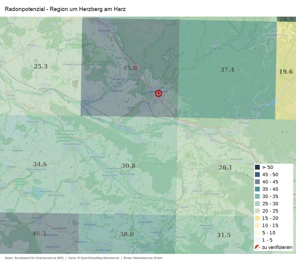 Karte des Radonpotenzials in der Region um Herzberg am Harz nach Daten des Bundesamts für Strahlenschutz