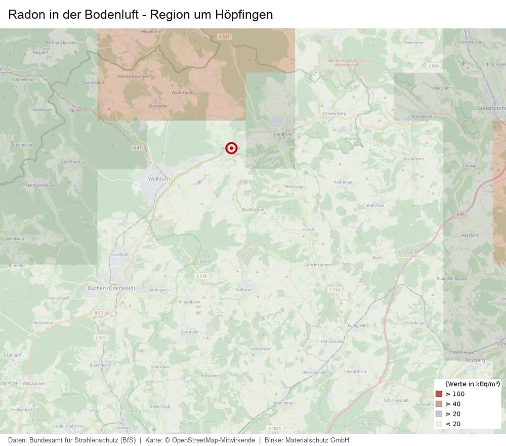 Karte des Radons in der Bodenluft in der Region um Höpfingen