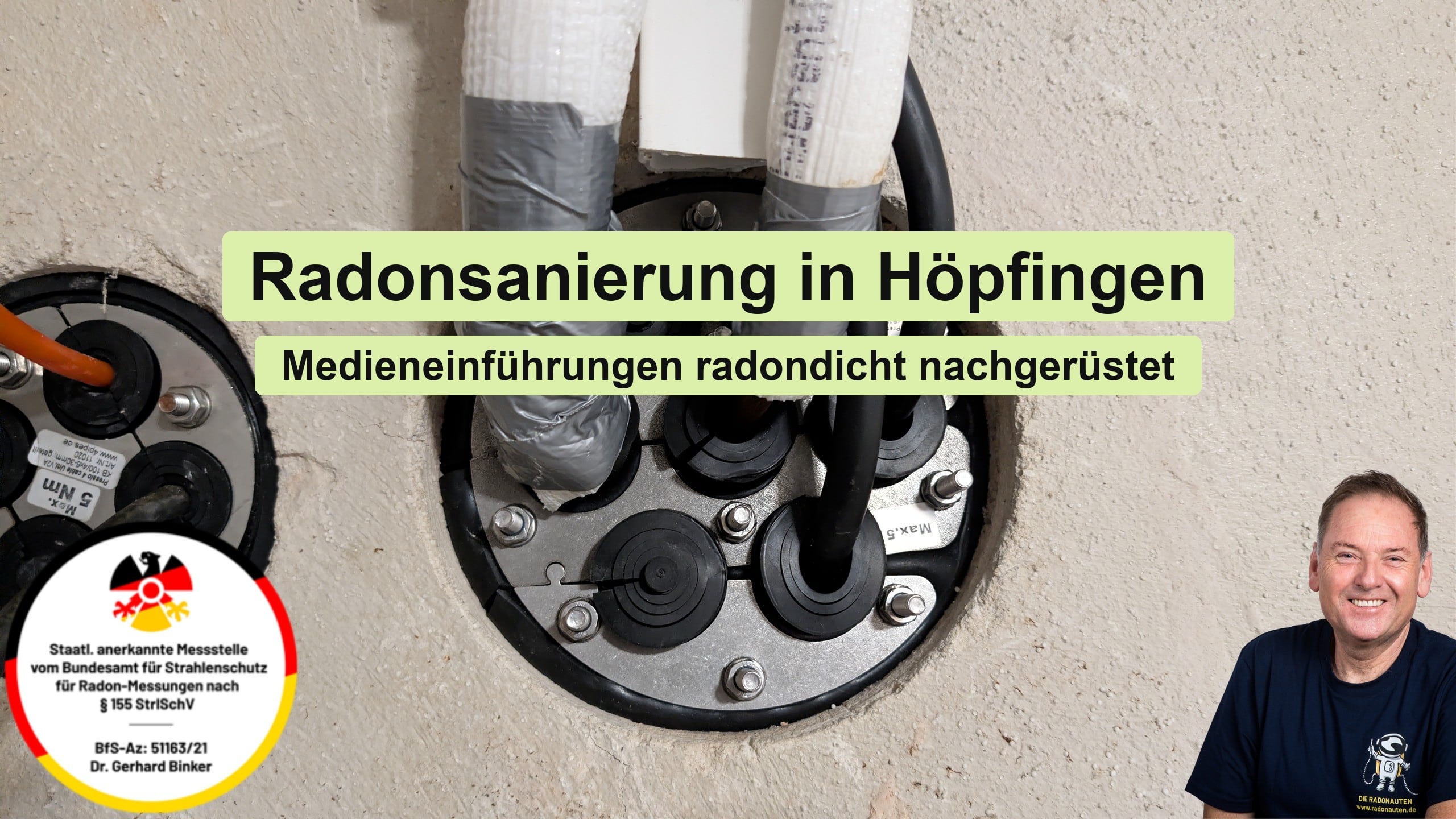 Radondicht nachgerüstete Mehrspartendurchführung in einer Kellerwand