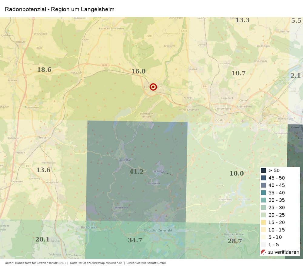 Karte des Radonpotenzials in der Region um Langelsheim nach Daten des Bundesamts für Strahlenschutz