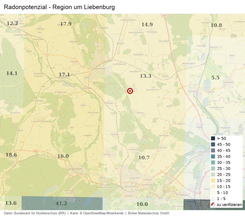 Karte des Radonpotenzials in der Region um Liebenburg nach Daten des Bundesamts für Strahlenschutz