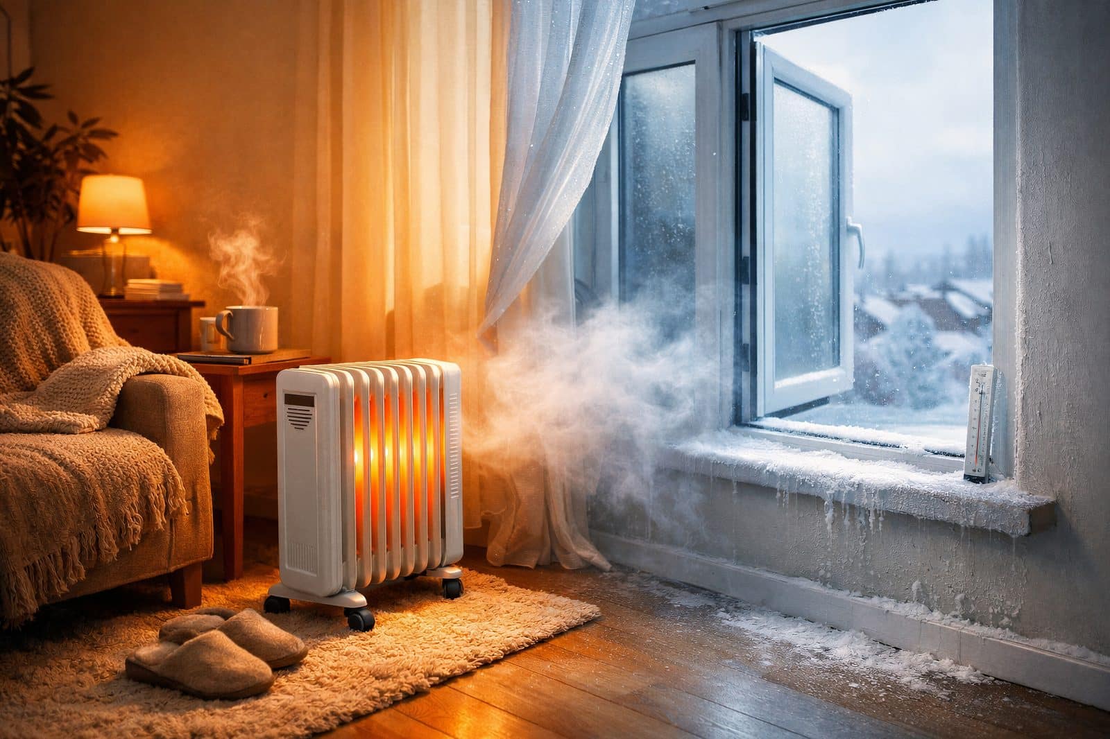 Offenes Fenster im Winter mit laufender Heizung, Wärme entweicht nach draußen