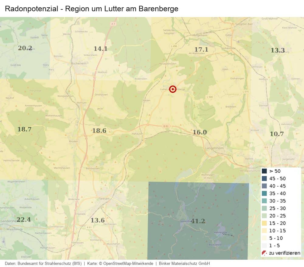 Karte des Radonpotenzials in der Region um Lutter am Barenberge nach Daten des Bundesamts für Strahlenschutz