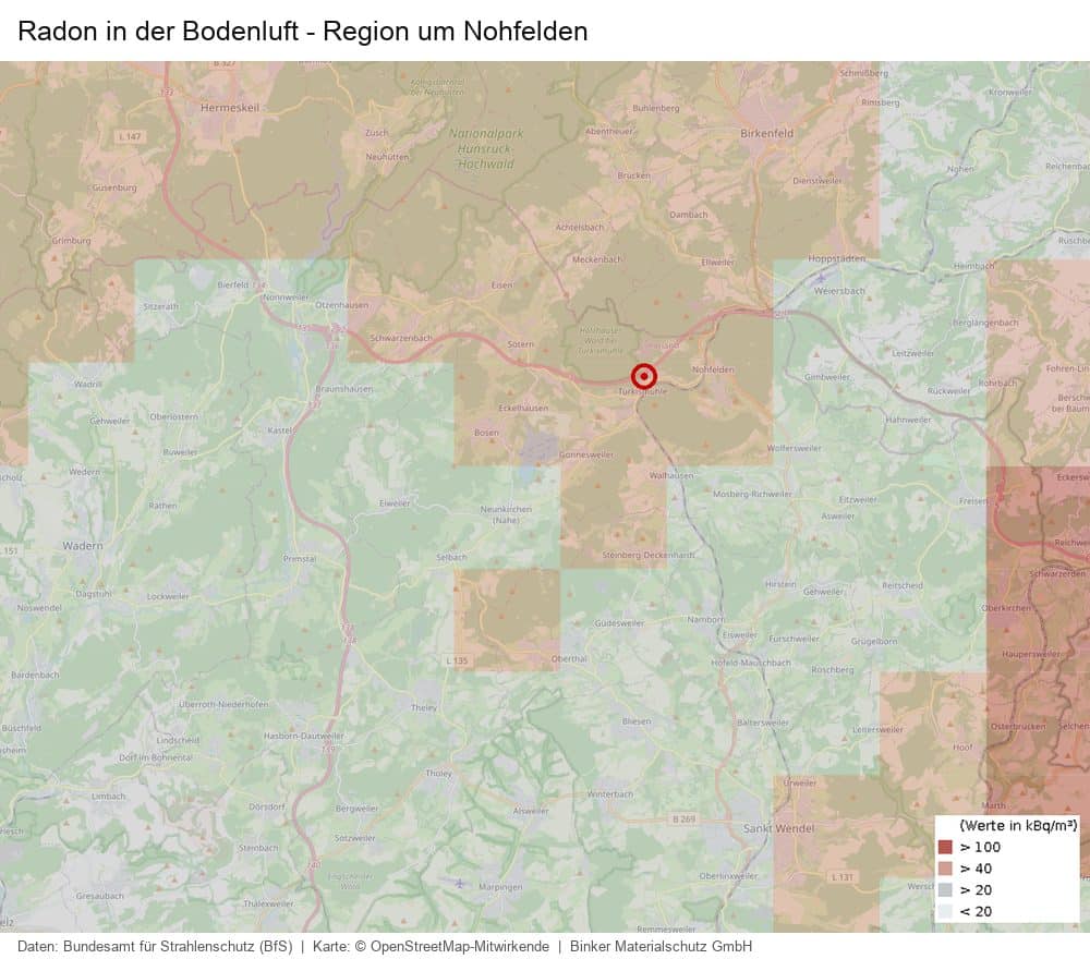 Karte des Radons in der Bodenluft in der Region um Nohfelden