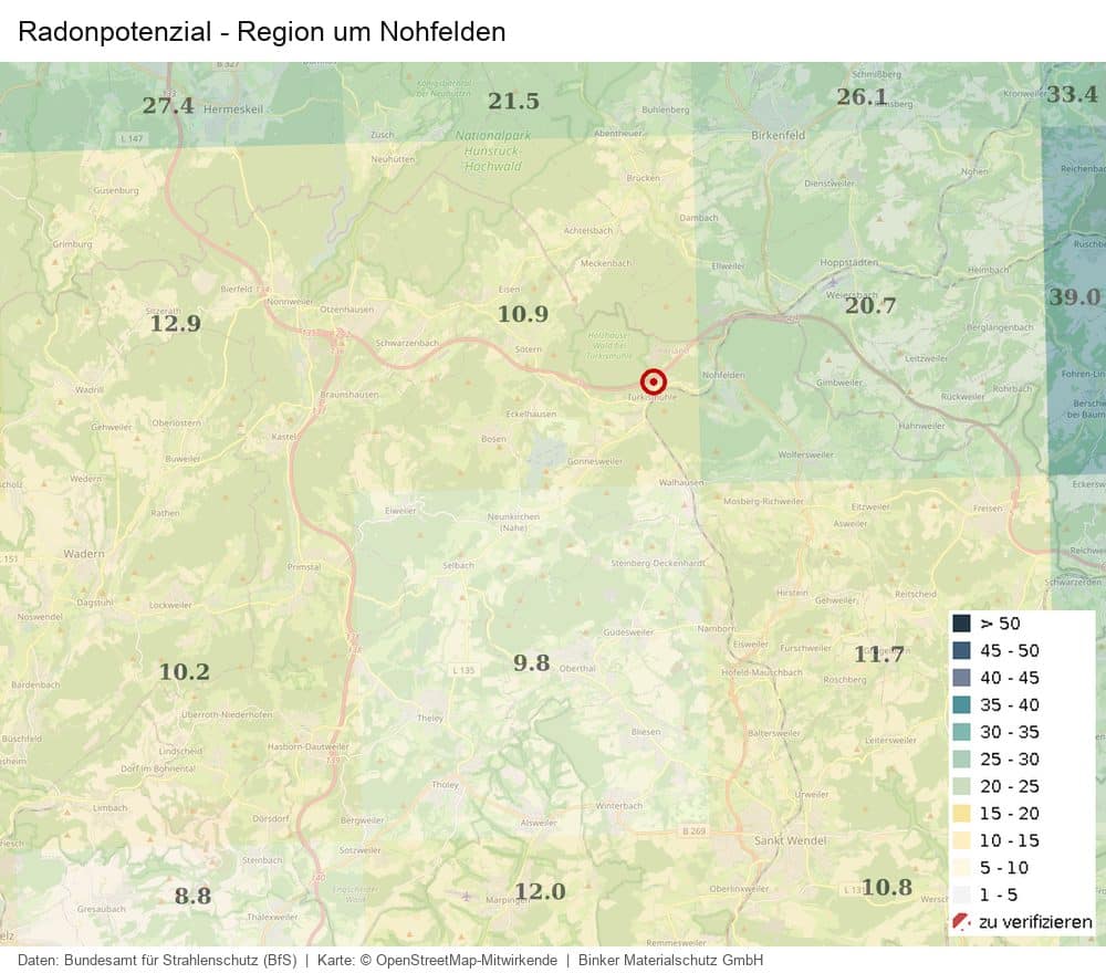 Karte des Radonpotenzials in der Region um Nohfelden, am Objektstandort 10,9