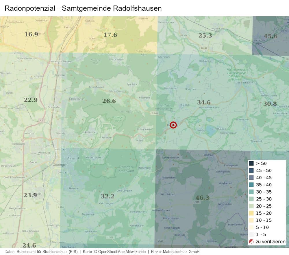 Karte des Radonpotenzials in der Region um Radolfshausen nach Daten des Bundesamts für Strahlenschutz