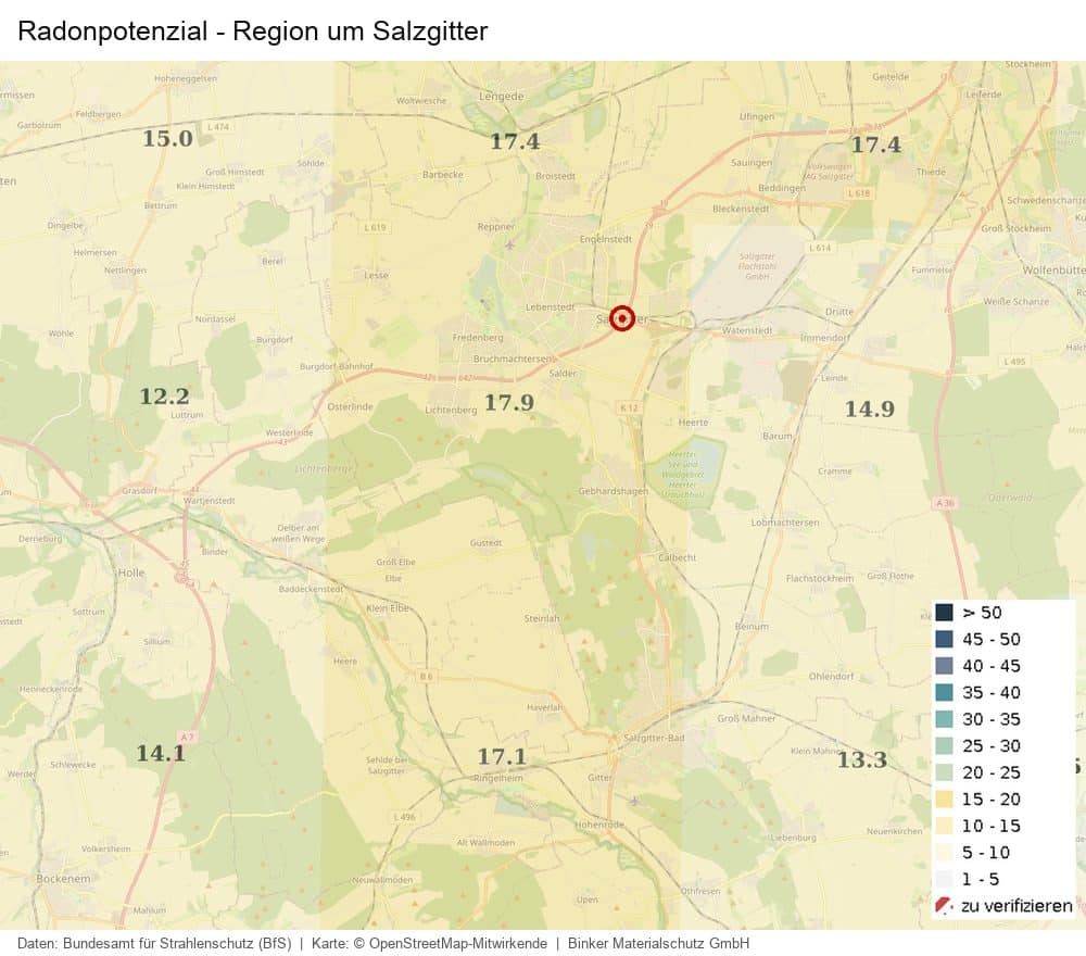 Karte des Radonpotenzials in der Region um Salzgitter nach Daten des Bundesamts für Strahlenschutz