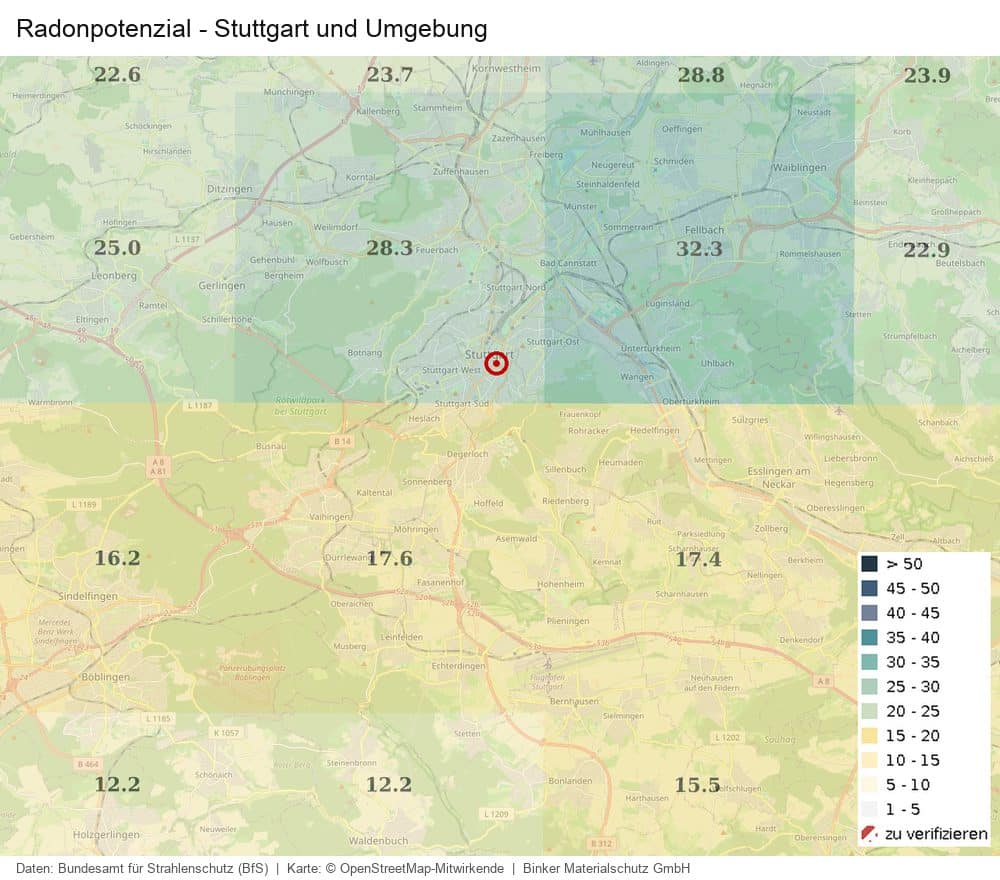 Karte des Radonpotenzials in Stuttgart und Umgebung nach Daten des Bundesamts für Strahlenschutz