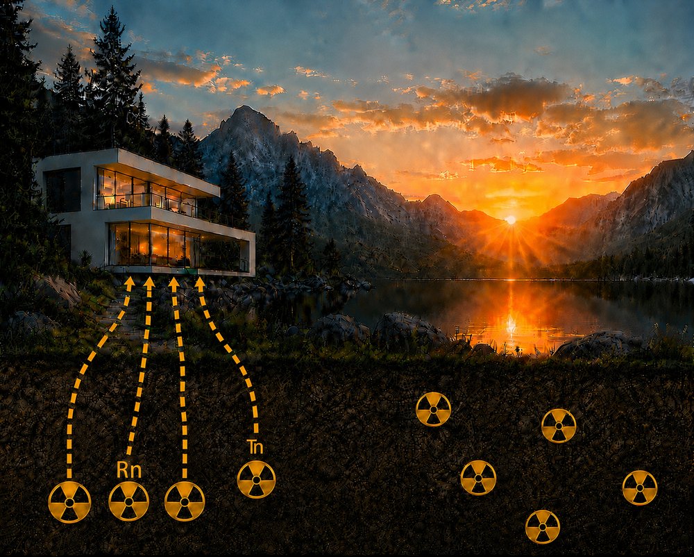 Illustration: Radon und Thoron steigen aus dem Erdreich in ein Wohnhaus auf