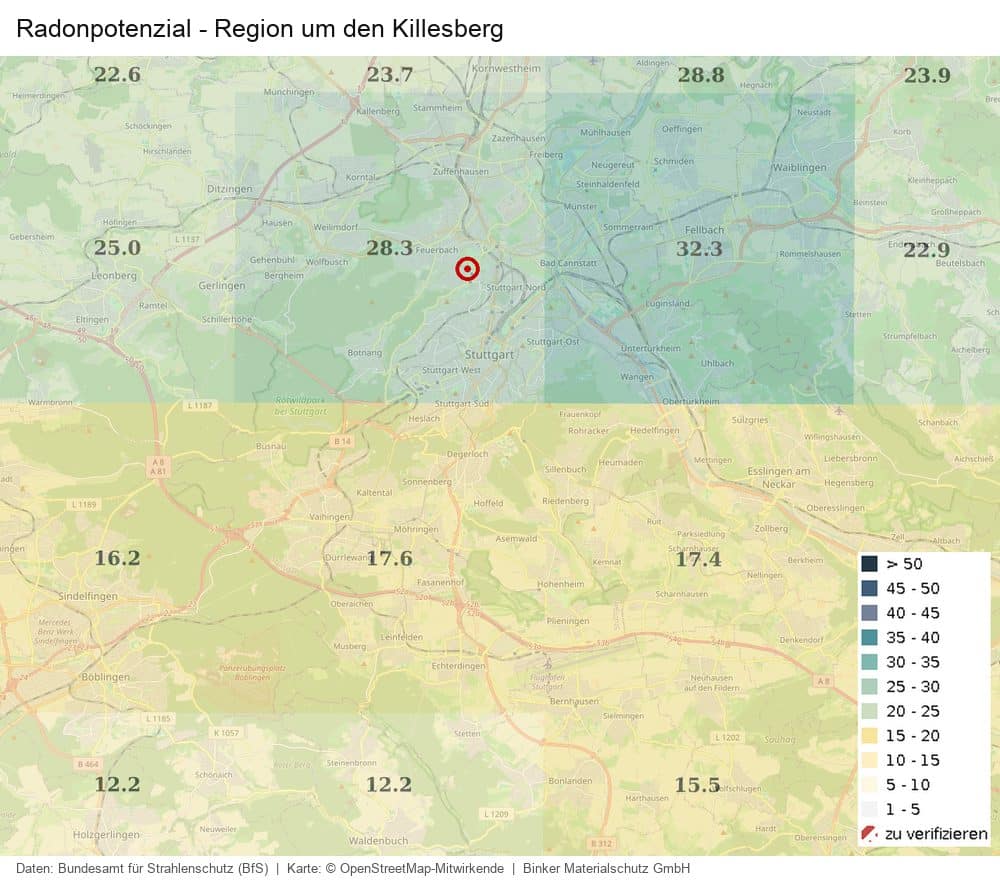 Karte des Radonpotenzials in der Region um den Killesberg nach Daten des Bundesamts für Strahlenschutz