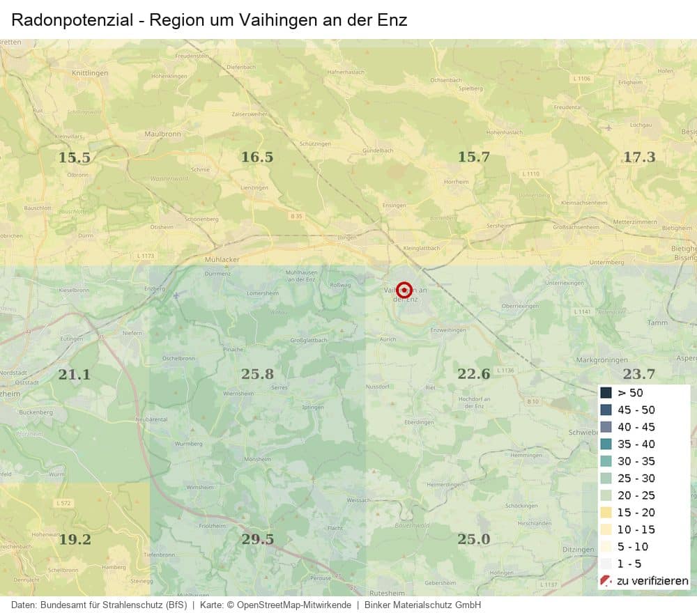 Karte des Radonpotenzials in der Region um Vaihingen an der Enz nach Daten des Bundesamts für Strahlenschutz