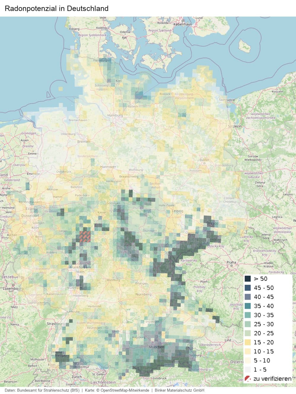 Karte: Radonpotenzial in Deutschland, hohe Werte in Mittelgebirgen, Süden und Osten, niedrige im Norden