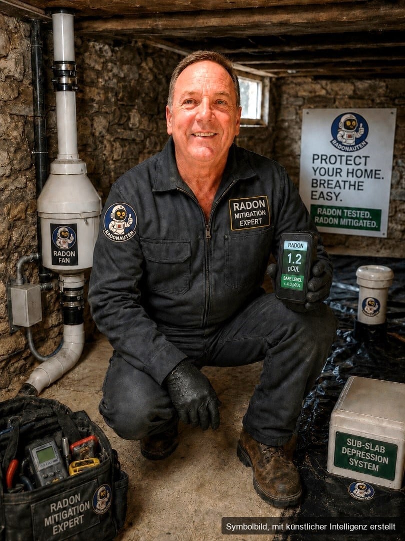 Fachkraft bei der Wartung einer amerikanischen Radon-Unterbodenabsaugung im Keller, Symbolbild, mit künstlicher Intelligenz erstellt
